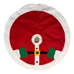 Vintage Felt Christmas Tree Skirt 39" Embroidered Appliqué Santa Suit Red White